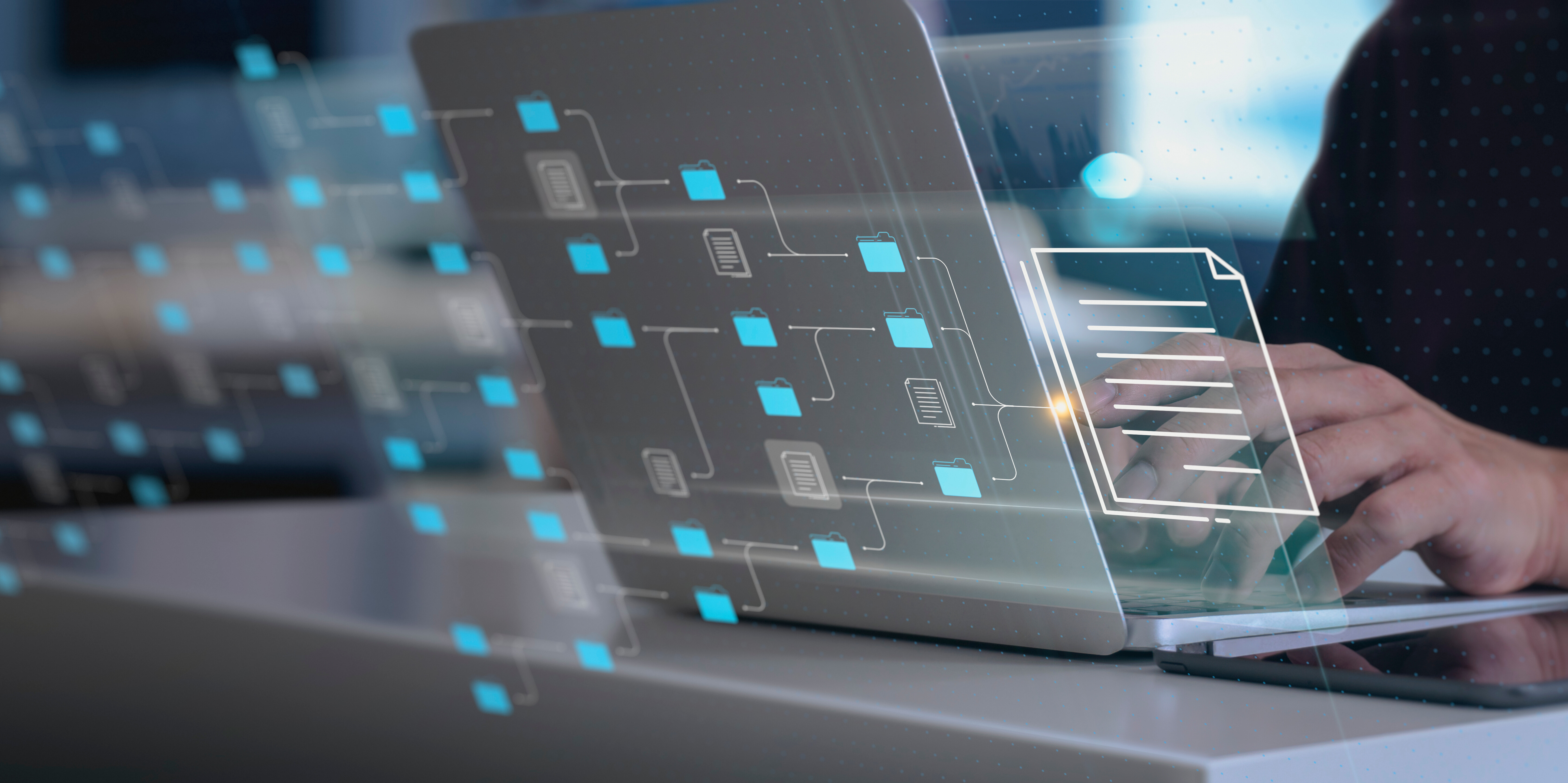 デジタルデータアイコンを持つラップトップの男